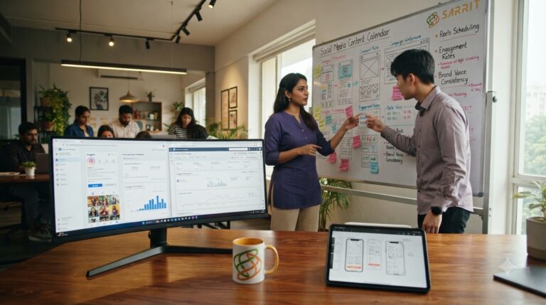 Sarrit Solutions digital marketing team planning social media strategy and content calendars