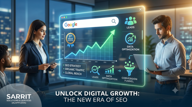 Modern digital marketing team analyzing interactive SEO metrics, search engine ranking graphs, and organic lead conversion analytics for Sarrit Solutions Alappuzha.