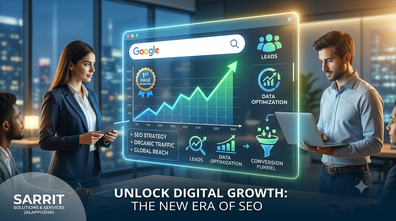 Modern digital marketing team analyzing interactive SEO metrics, search engine ranking graphs, and organic lead conversion analytics for Sarrit Solutions Alappuzha.