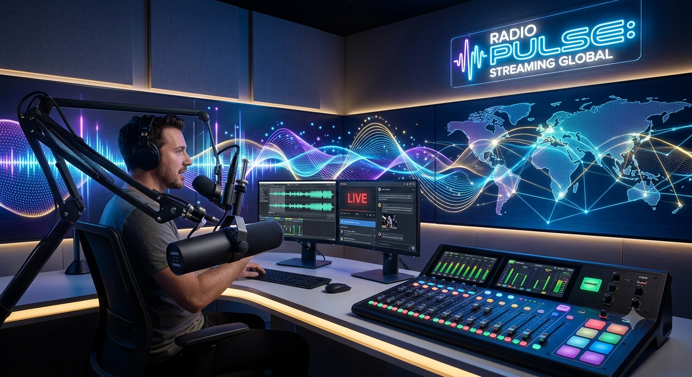 Professional broadcasting studio featuring a radio host, microphone, sound mixing console, and digital audio soundwaves for internet radio services